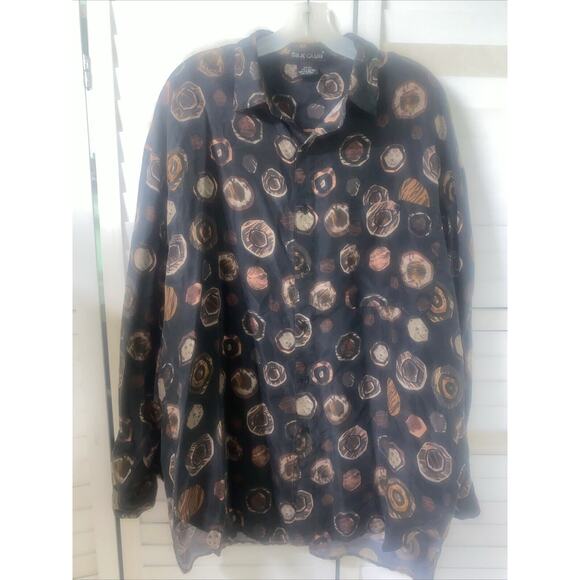 Silk Club Button Up Shirt Men’s Black & Mushroom Print Silk Long Sleeve Large - Picture 1 of 7